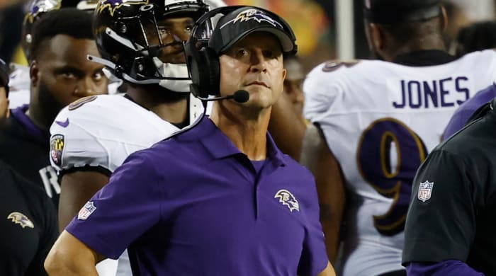 Ravens coach John Harbaugh on the sideline during Baltimore’s first preseason loss since 2015